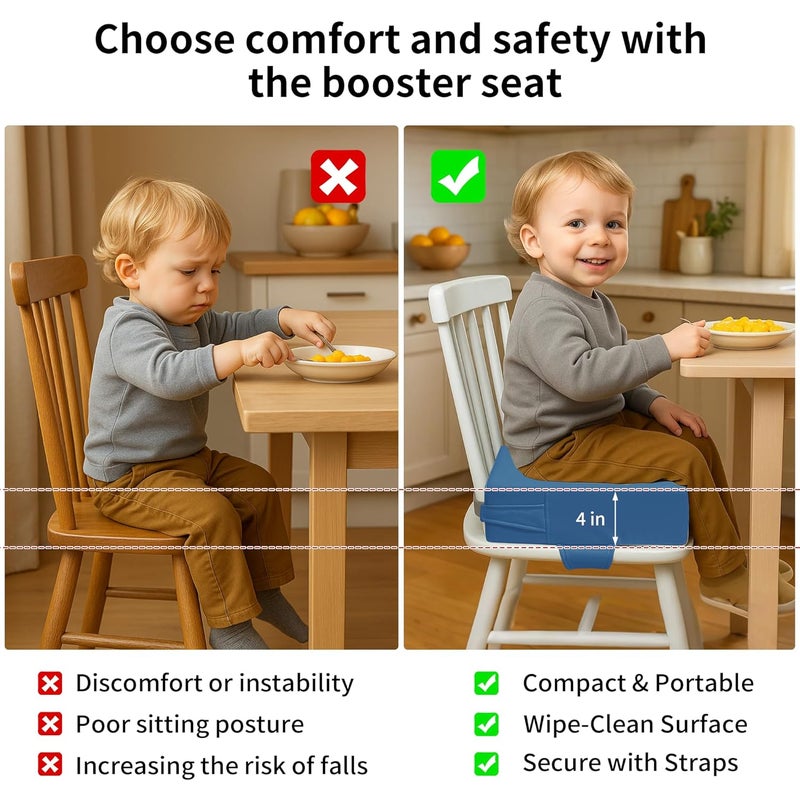 AAAini Toddler Booster Seat for Dining Table – PU Washable Cushion with Double Safe Straps, Non-Slip Bottom, Portable Travel Booster Seat for Toddlers (Blue) - Image 4
